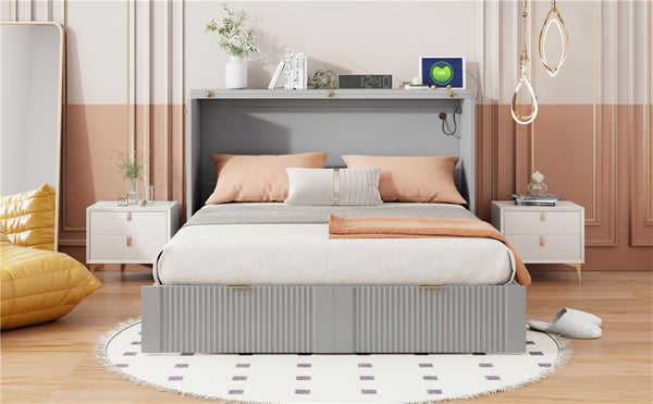 English Elm Full Size Wall Murphy Bed Cabinet with Usb Ports Drawer and Pulley Lift Gray Finish LP100770AAE