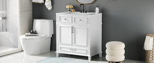 English Elm 30'' Bathroom Vanity with Sink - Retro Solid Wood Frame, Ceramic Basin, Soft-Close Doors & Ample Storage White N710P190656K