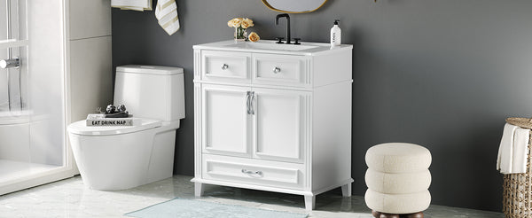English Elm 30'' Bathroom Vanity with Sink - Retro Solid Wood Frame, Ceramic Basin, Soft-Close Doors & Ample Storage White N710P190656K