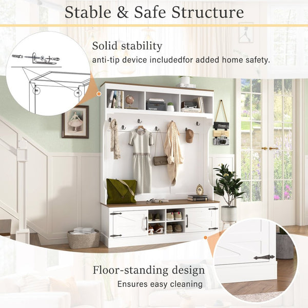 English Elm Vibe Haus Farmhouse Hall Tree with Bench Shoe Storage Hooks and Open Cubbies N724P380402K