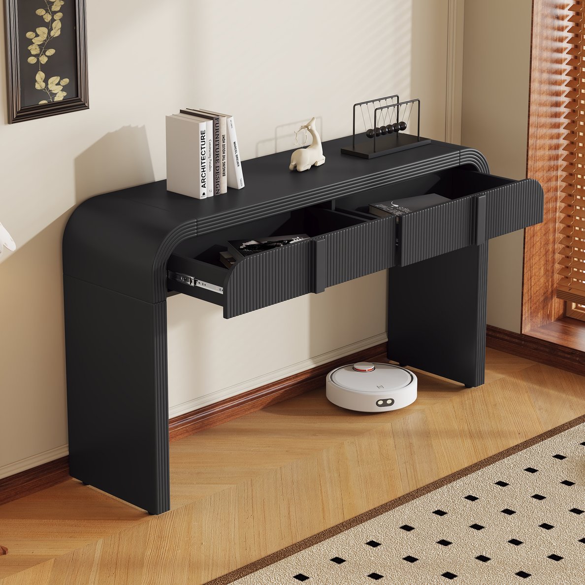 Trexm Modern Console Table With Rounded Silhouette, Fluted Drawers, St