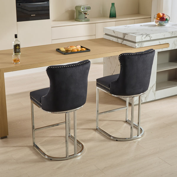 English Elm 25" High Back Velvet Counter Stools Set of 2 with Deep Button Tufting, Spring-Cushion Comfort & Chrome Base Black W1143P217851