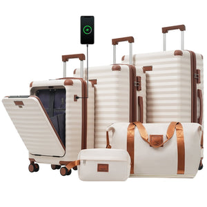 English Elm Luggage 5 Piece Abs Hardshell Travel Set with Usb Port Spinner Wheels and Tsa Lock Brown+White N732P265290K