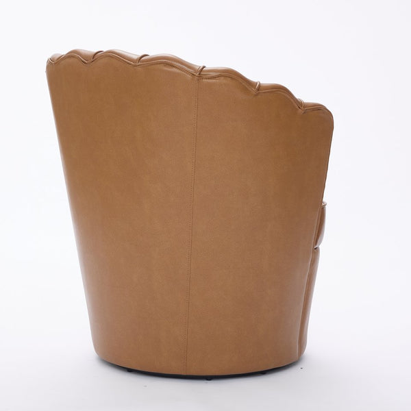 English Elm Light Brown Petal Swivel Chair — 360° Metal Base, Top-Grain Leather Wingback, Fluted Curve Accent Seat W570P375734