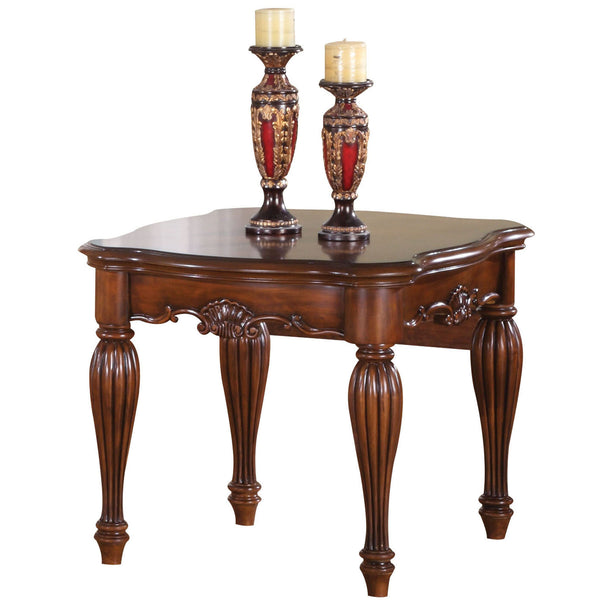 English Elm Cherry End Table with Carved Apron and Turned Fluted Legs, Cherry Veneer Top, Sleek 18mm Profile B062P189187