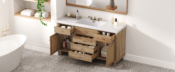 English Elm 60" Boutique Bathroom Vanity Rattan Doors Soft Close Drawers Smc Sink Pine Legs Natural Wood N817P397678N