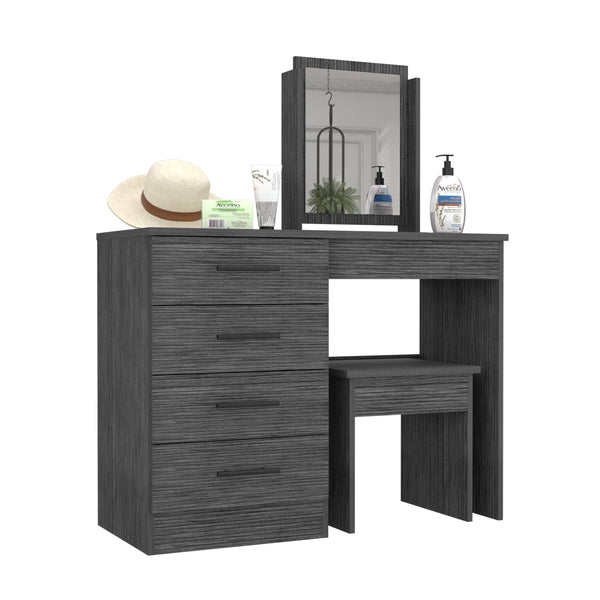 English Elm Makeup Smokey Oak Dressing Table Set with Mirror, Stool & 4 Drawers — Engineered Wood, FSC Certified B097S00145