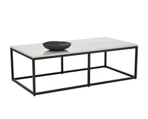 Sunpan Ellery Modern Coffee Table - White Polished Marble Top with Matte Black Steel Base, Handcrafted Elegance