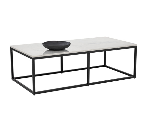Sunpan Ellery Modern Coffee Table - White Polished Marble Top with Matte Black Steel Base, Handcrafted Elegance