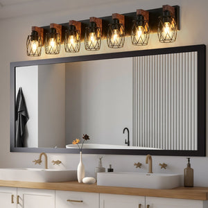 English Elm Industrial Seven Light Black Iron Cage Sconce with Walnut Wood Backplate for Bath W1340P276817
