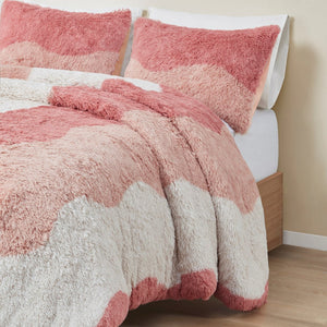 English Elm Full/Queen Cassie Ombre Shaggy Faux Fur Comforter Set - Tonal Wave Stripes, Reversible Blush, OEKO-TEX B035129808