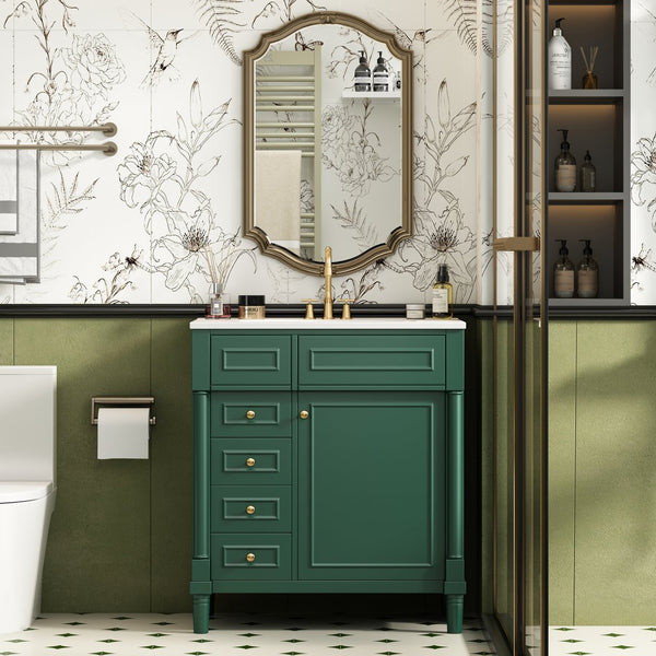 English Elm 30" Bathroom Vanity with Sink — Freestanding Modern Cabinet with Soft-Close Door, 2 Deep Drawers, Durable Basin Green N710P288938F
