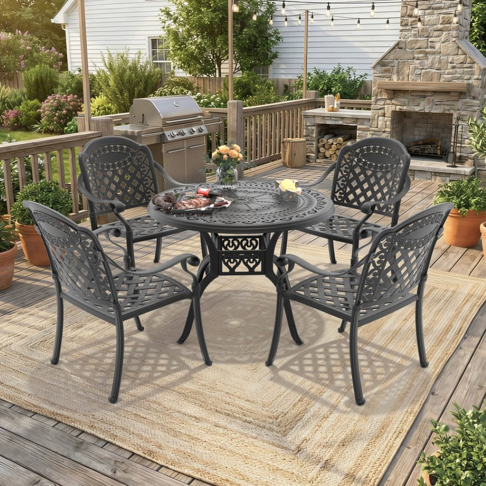 English Elm 5-piece Cast Aluminum Outdoor Dining Set with Carved Floral Frame and Weather-proof Cushions W1710S00547