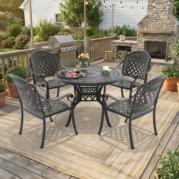 English Elm 5-piece Cast Aluminum Outdoor Dining Set with Carved Floral Frame and Weather-proof Cushions W1710S00547