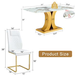 English Elm Table And Chair Set - Luxurious 71" Pandora Glass Top With Gold C-Shaped Legs & 8 White Pu Chairs W1151S03228-GIGA