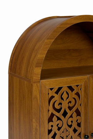 English Elm Hand-carved Solid Wood Tall Narrow Cabinet with Floral Arched Doors and Open Shelving W3123P485765