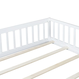 English Elm Queen Floor Bed with Safety Fence and Guardrails, Rubberwood Low Profile Platform for Kids White W504P286387