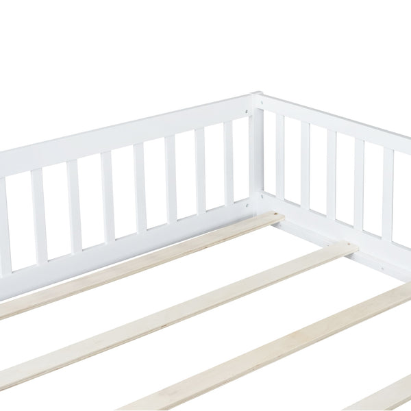 English Elm Queen Floor Bed with Safety Fence and Guardrails, Rubberwood Low Profile Platform for Kids White W504P286387