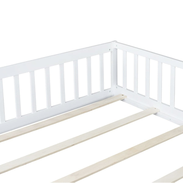 English Elm Queen Rubber Wood Floor Bed with Full Perimeter Safety Fence and Hinged Access Door White W504P429340