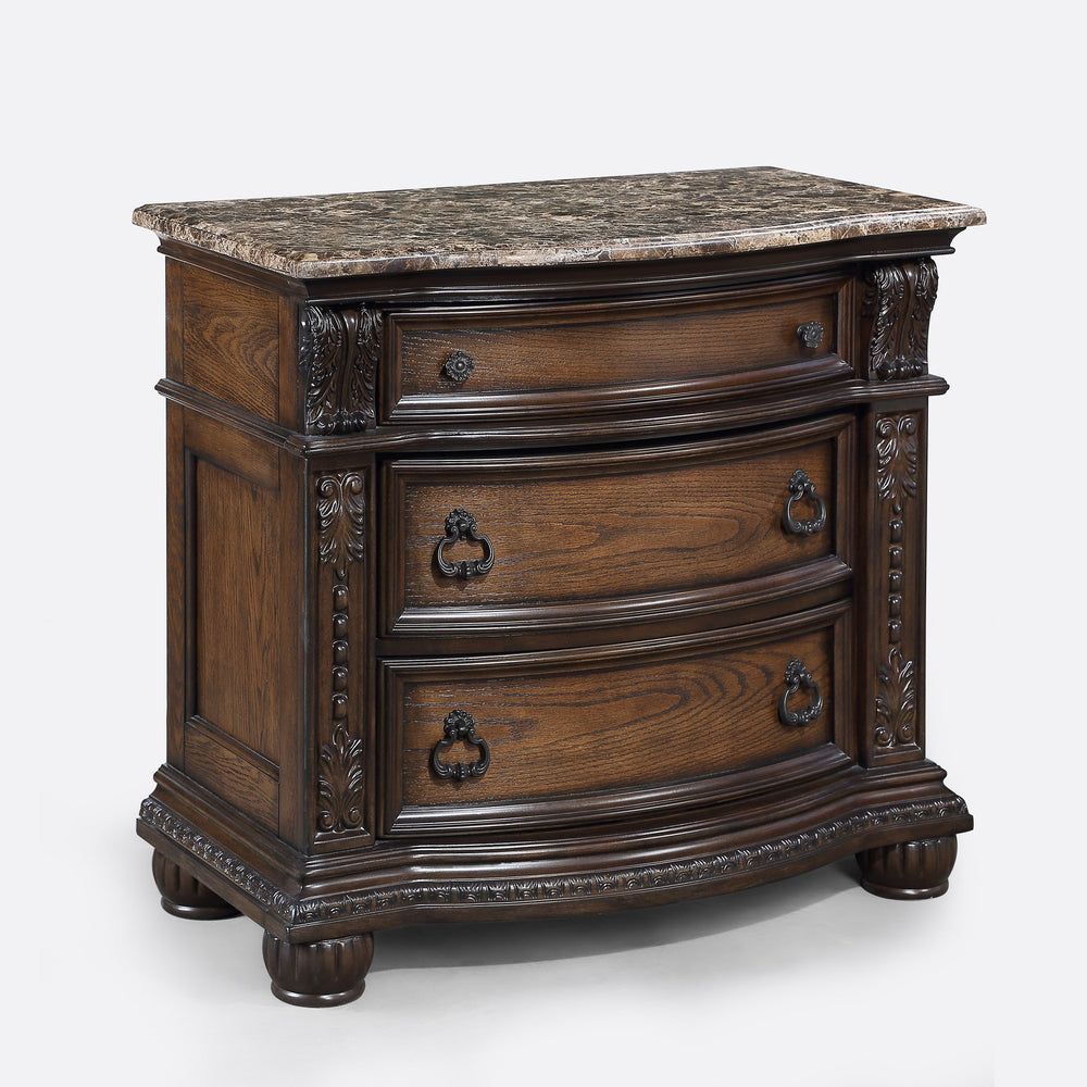 English Elm 1Pc Marble Top Nightstand With Three Drawers, Intricate Moldings & Curved Silhouette - Elegant Storage B2741P366086