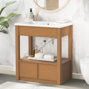 English Elm 30" Bathroom Vanity With Sink Top, Bathroom Cabinet With Open Storage Shelf and Two Drawers, Brown