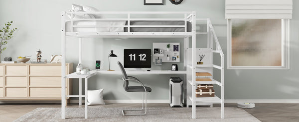 English Elm Queen Size Loft Bed With L-Shaped Desk, Usb Port & Led Lights - Stylish Space-Saving Solution For All W1580S00124-GIGA