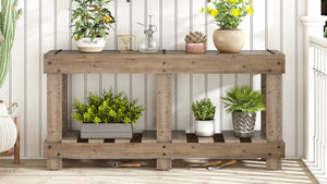 English Elm U_Style 62.9" Vintage Console Table - Solid Fir Wood, Antique Metal Rivets & Under-Shelf Storage Option N711P289135O-GIGA