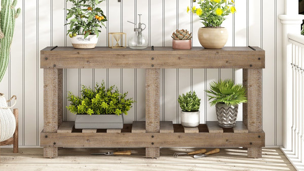 English Elm U_Style 62.9" Vintage Console Table - Solid Fir Wood, Antique Metal Rivets & Under-Shelf Storage Option N711P289135O-GIGA