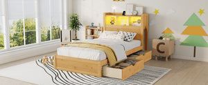 English Elm Twin Wood Storage Bed with Led Headboard Drawers and Pull Out Cabinet for Kids Natural W2593S00049