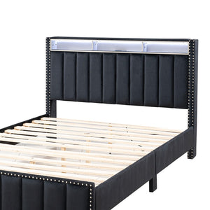 English Elm Beautiful Upholstered Full Bed with Led Lighting Storage Shelves and Channel Tufted Headboard Black B2741S00768