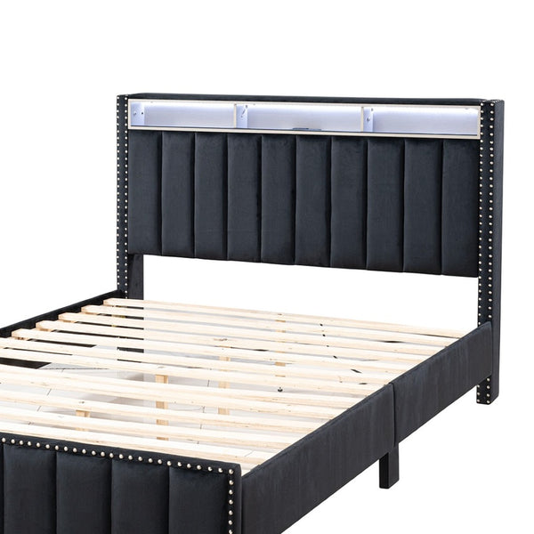 English Elm Beautiful Upholstered Full Bed with Led Lighting Storage Shelves and Channel Tufted Headboard Black B2741S00768