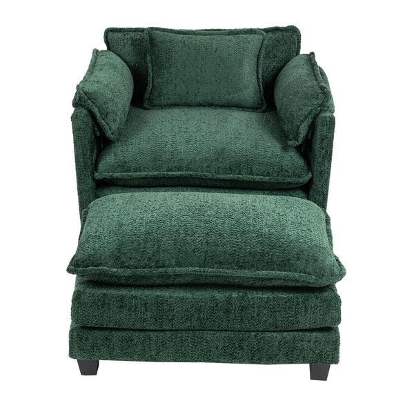 English Elm 55.32*39.76" Boucle Single Sofa with Ottoman, Wide Deep Cushion, Wrapped Arms, Storage Pockets, Cozy Contemporary Appeal Dark Green W2715P269753