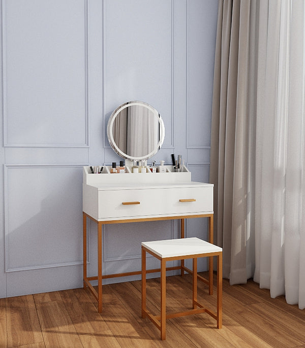 English Elm Vanity Chic Ancient White Makeup Table with Mirror & Stool, Gold Accents, Compact Storage for Small Spaces W2139P306366