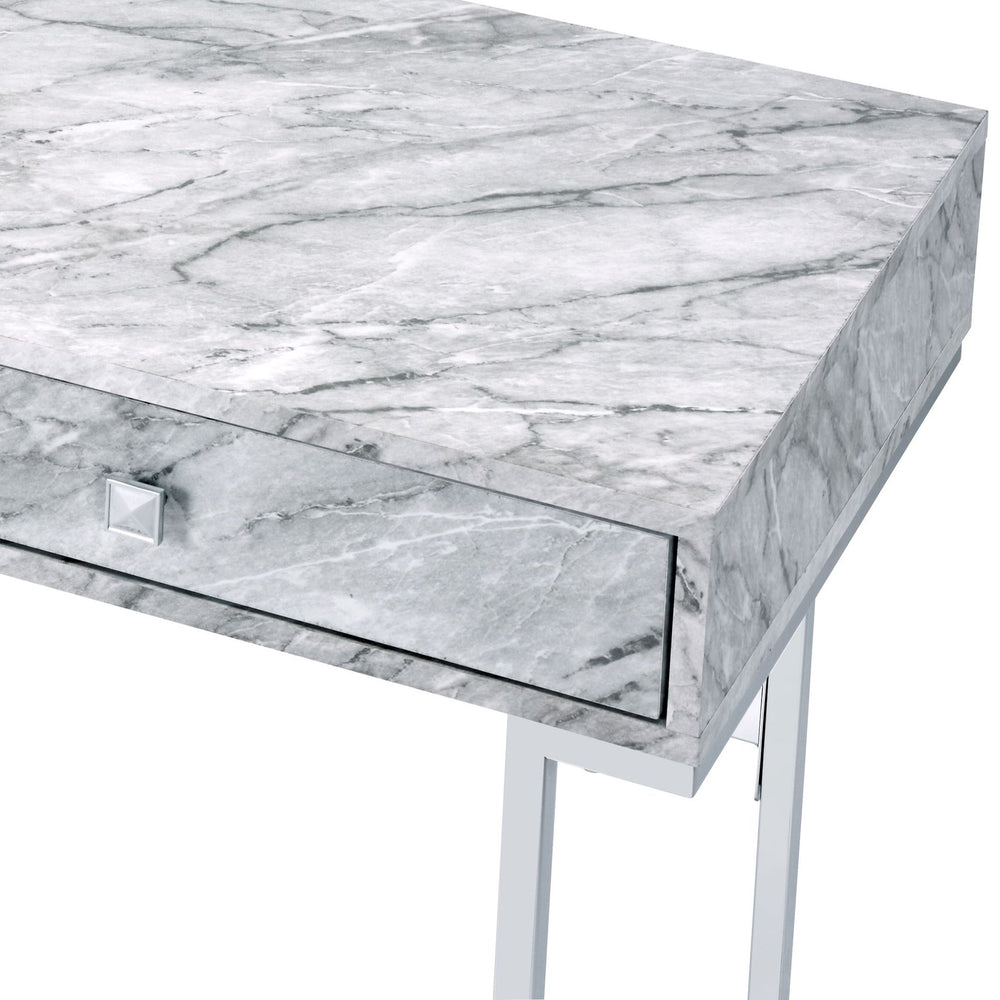 English Elm Tigress Sleek White Faux Marble Writing Desk with Chrome Frame, 2 Drawers & Smooth Metal Glides B2726P254136