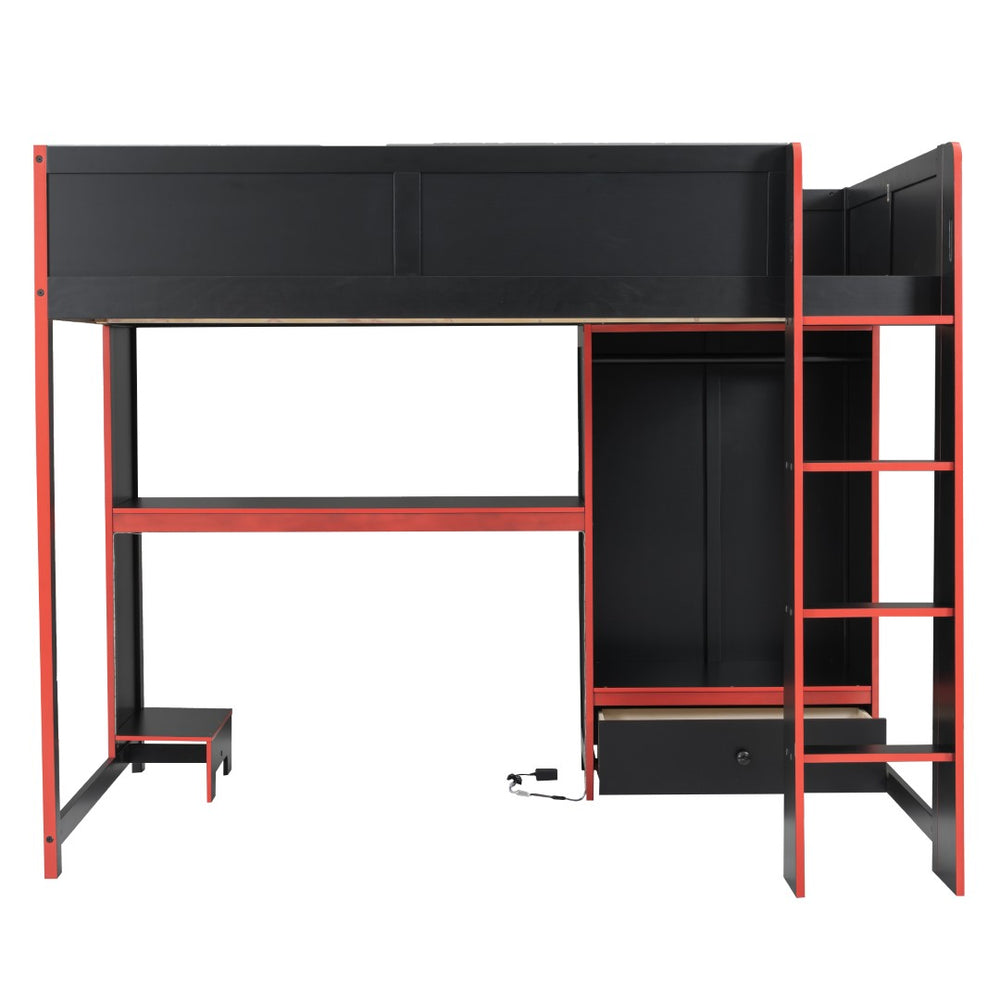English Elm Wood Full Size Gaming Loft Bed With Desk, Wardrobe, Led Lighting, And Storage Drawer, Black Finish N7090004011B-GIGA