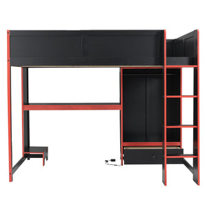 English Elm Wood Full Size Gaming Loft Bed With Desk, Wardrobe, Led Lighting, And Storage Drawer, Black Finish N7090004011B-GIGA