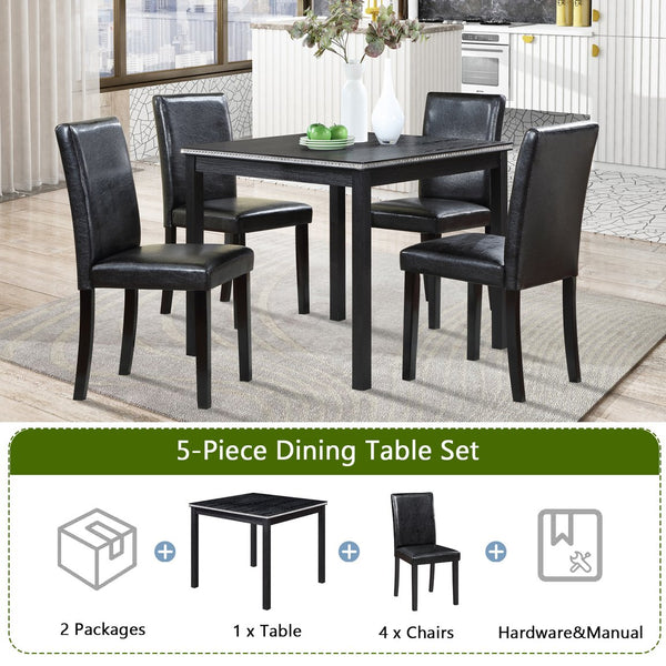 English Elm 5 Piece Wooden Dining Table Set - Elegant Square Table With Crystal Trim & 4 Upholstered Chairs, Black W1998S00041