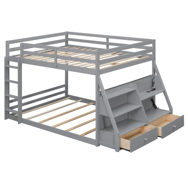 English Elm Full Bunk Bed with App Led Lighting Usb Charging Storage Drawers Kids Bedroom Gray N820S00080E