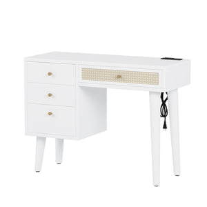 English Elm 39" Retro Bohemian Makeup Vanity Set with Rattan Drawers, USB Charging Port, Cushioned Stool, 4-Drawer Storage White 44.1 L x 18.75 W x 10.5 H N733P180011K