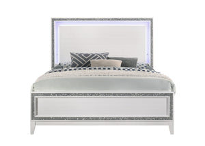 English Elm Haiden Queen Bed with LED-Illuminated Panel Headboard, Silver Trim & Under-Bed Storage Drawers White 84 L x 10 W x 5 H B2726S00399