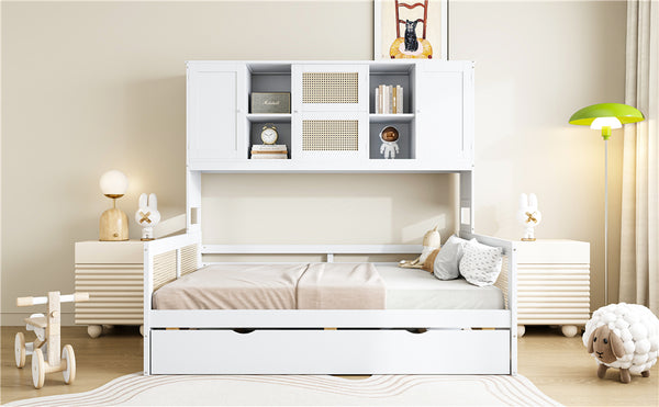English Elm Full Wooden Daybed With Twin Trundle & Versatile Cabinet Shelf - Space-Saving Comfort In White N820S00049K