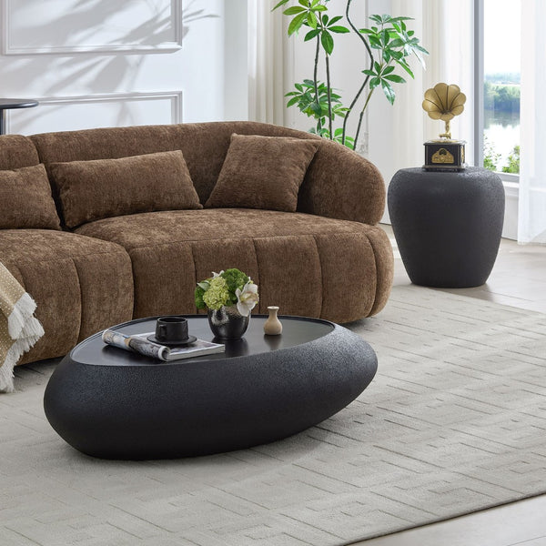 English Elm 47.24''fiberglass Oval Coffee Table Faux Stone Finish Sculptural Low Profile Living Room Black W2582P431158