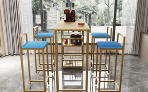 English Elm Bar Table and Four Cushioned Chairs Gold Iron Frame with Built-in Shelf Coastal Style W3064P245382