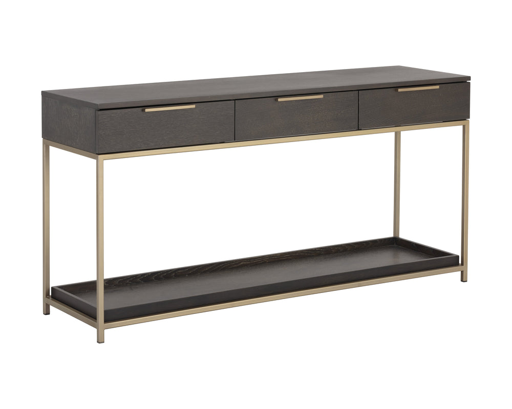 Sunpan Rebel Console Table: Modern Charcoal Oak Design with Soft Close Drawers and Stylish Gold Accents Gold / Charcoal Grey