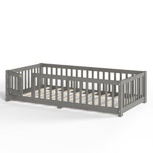 English Elm Twin Floor Bed Solid Pine Frame with Guardrails and Door for Safe Kid Sleep W1580P433575