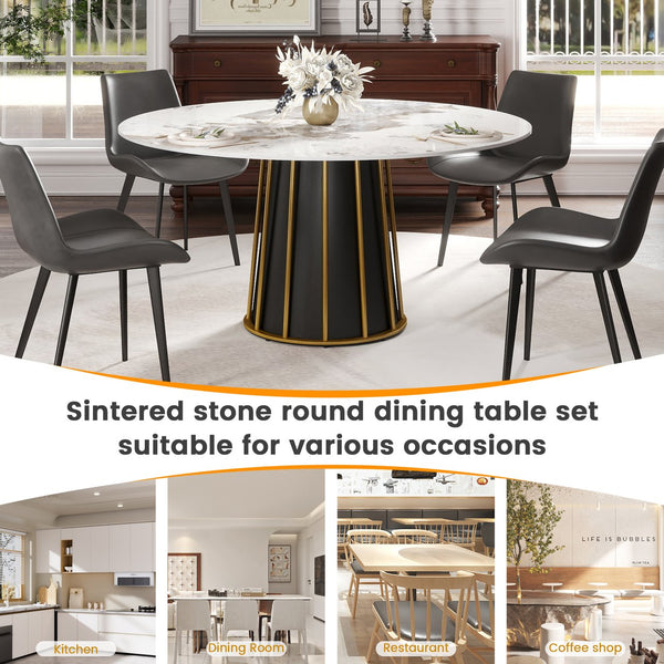 English Elm 59.05"Modern 59.05" Modern Round Dining Table With Premium Sintered Stone Top & Iron Base For 6-8 People W1535S00446