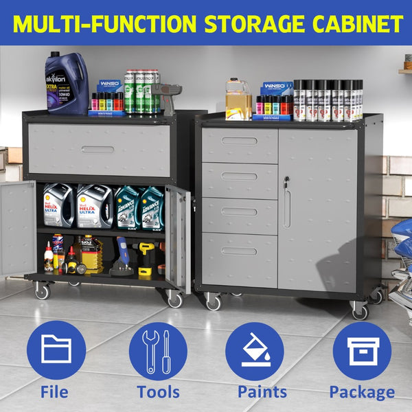 English Elm Sturdy Rolling Steel Garage Cabinet with Locking Drawers and Diamond Plate Workshop Storage T2398P222836