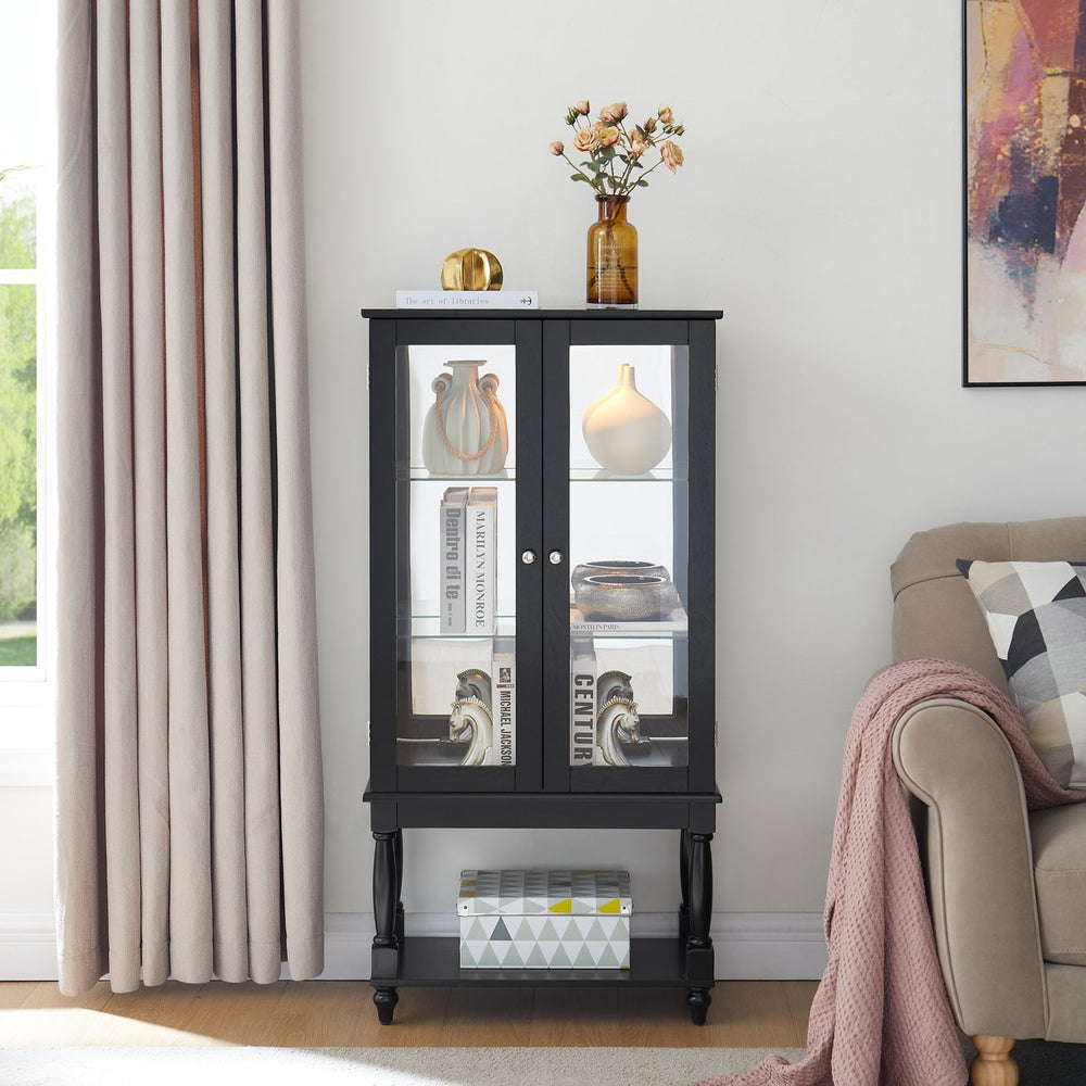 English Elm Curio Lighted Display Cabinet with Mirrored Back, Tempered Glass Doors, Solid Wood Legs, Compact Black W1693P216943