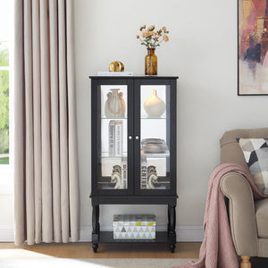 English Elm Curio Lighted Display Cabinet with Mirrored Back, Tempered Glass Doors, Solid Wood Legs, Compact Black W1693P216943