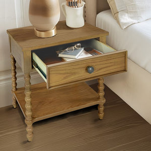 English Elm Nightstand Solid Wood Camel Oak Finish with Drawer & Open Shelf, 24"W x 26"H Stylish Storage B035P262689
